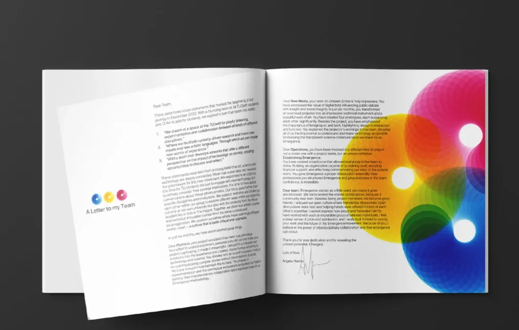 An open spread of the event booklet with a letter on the left and colourful circles on the right.