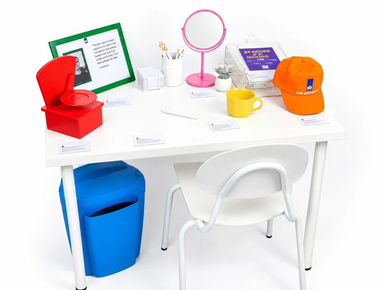 The Desk prototype on a white background, a white desk and chair with a red scale, a green picture frame, a pink mirror, a purple poster, a yellow cup, an orange cap and a blue shredder.