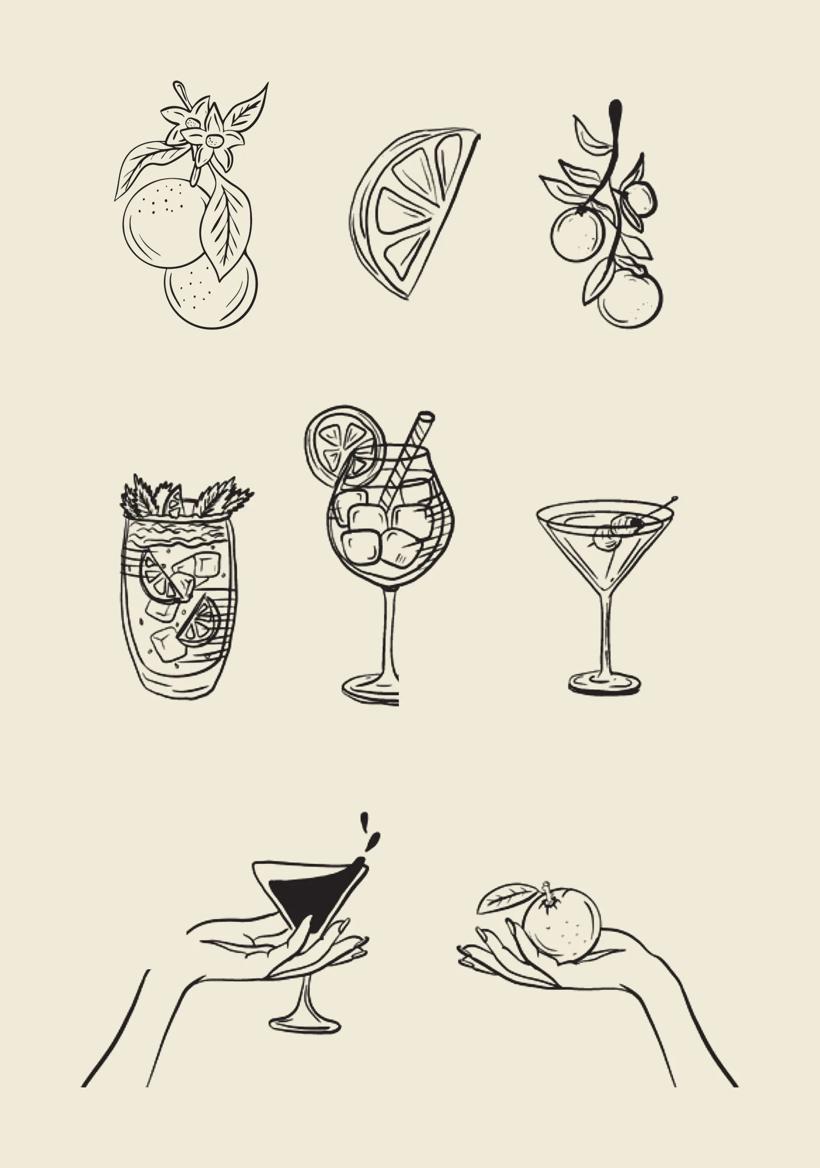 Line illustrations of oranges, a lemon slice, cocktails and hands holding a glass and an orange, drawn in near-black on ivory.