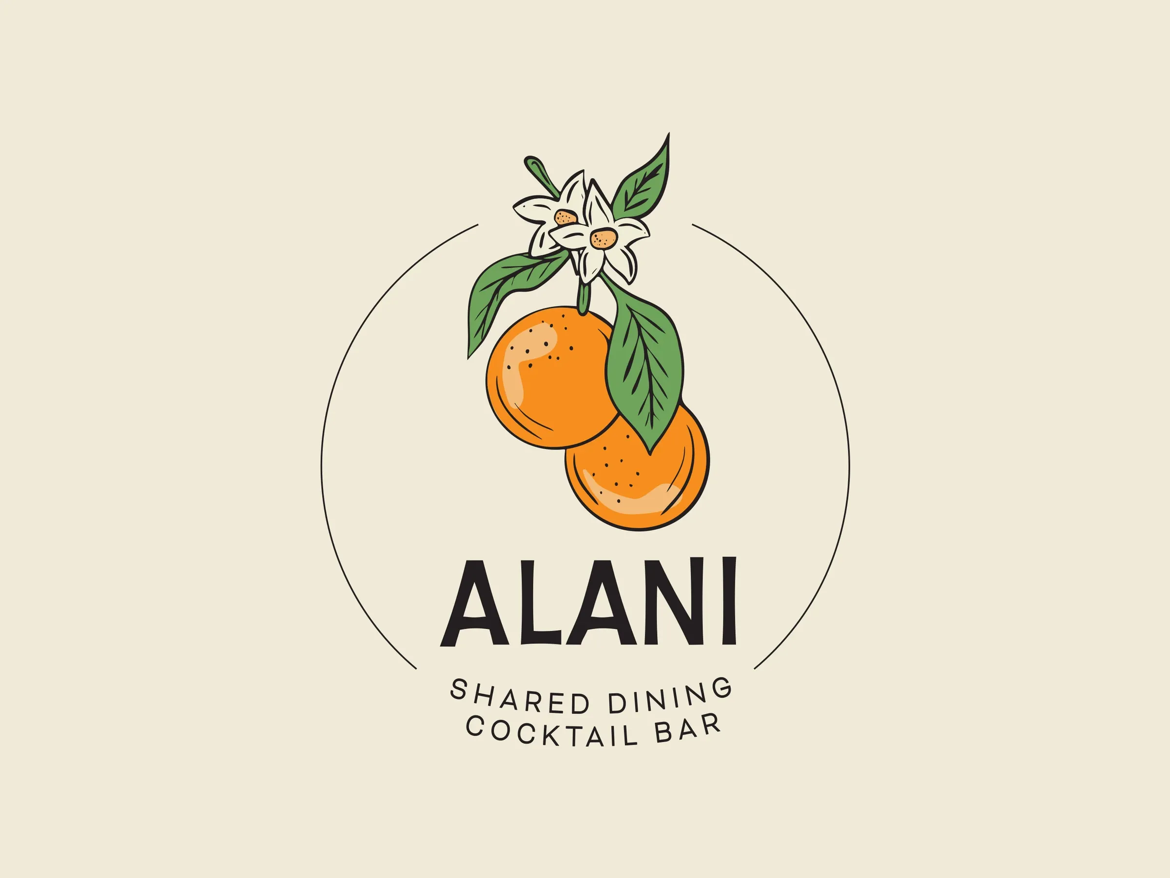 The Alani logo, a hand-drawn branch with two oranges, a white blossom and green leaves inside a thin circle, above the words Alani, Shared Dining, Cocktail Bar.