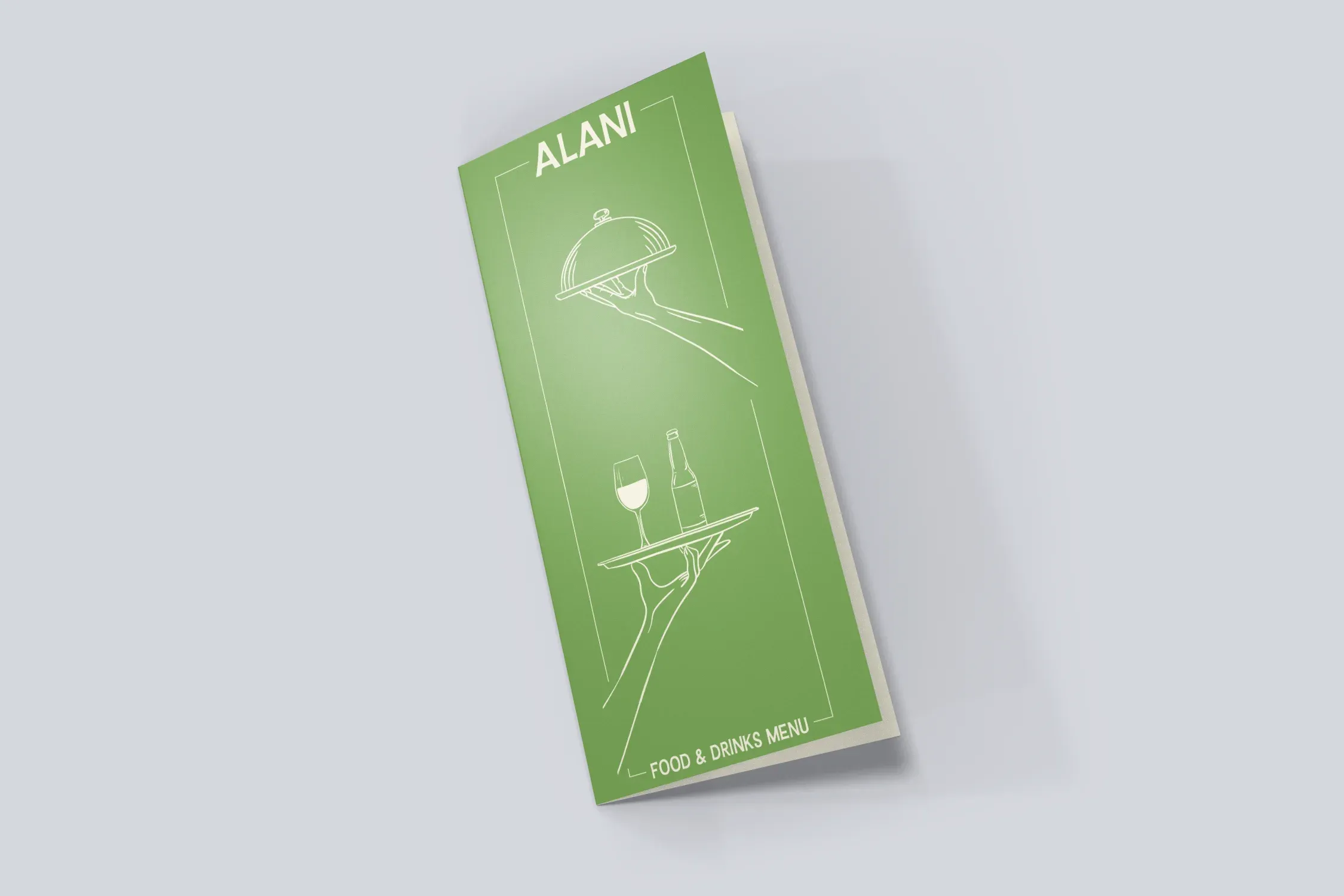 Mockup of a green Alani food and drinks menu with a line illustration on the cover.