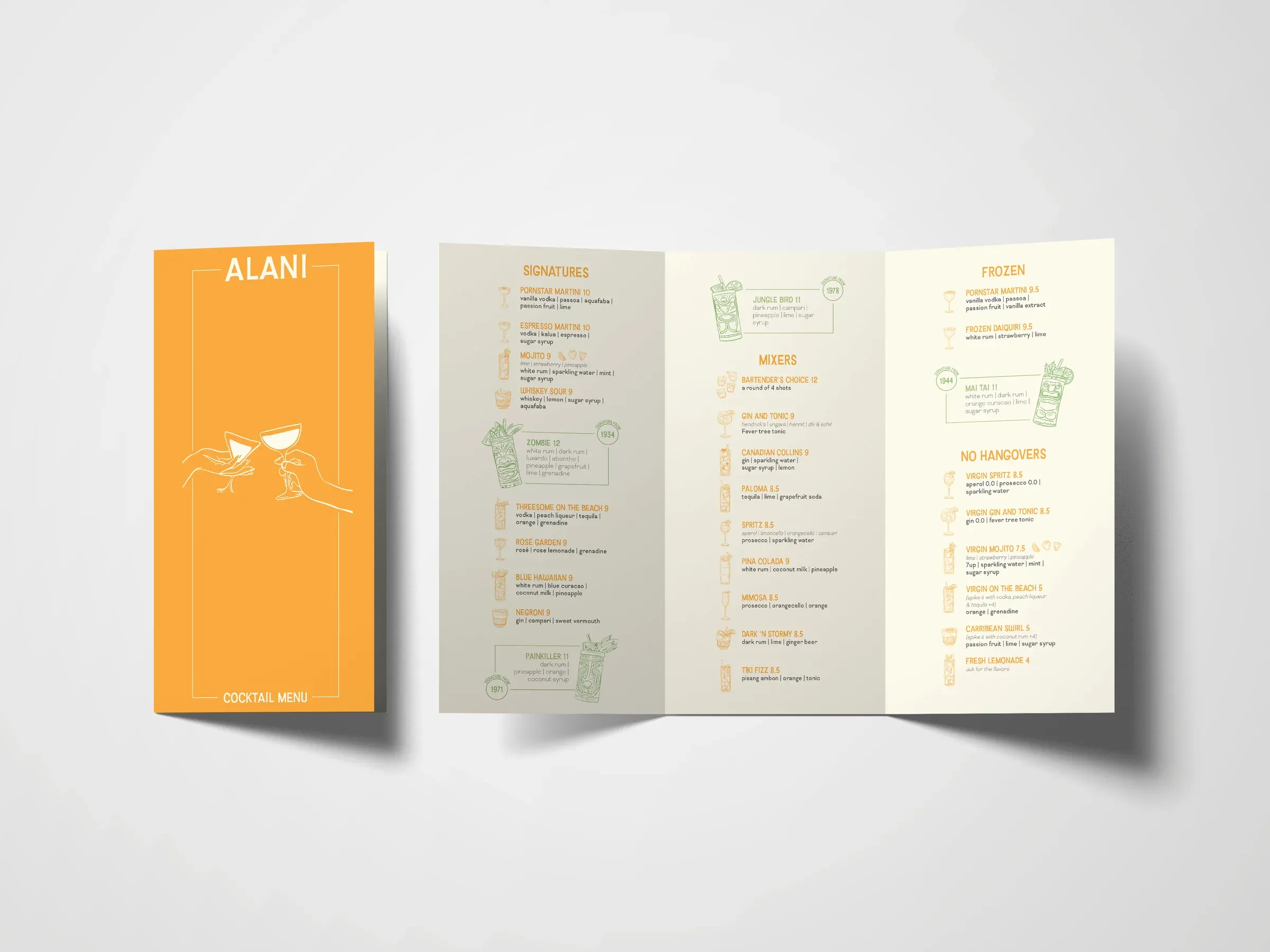 Mockup of the Alani menu, an orange cover and an ivory fold-out with dishes and drinks.