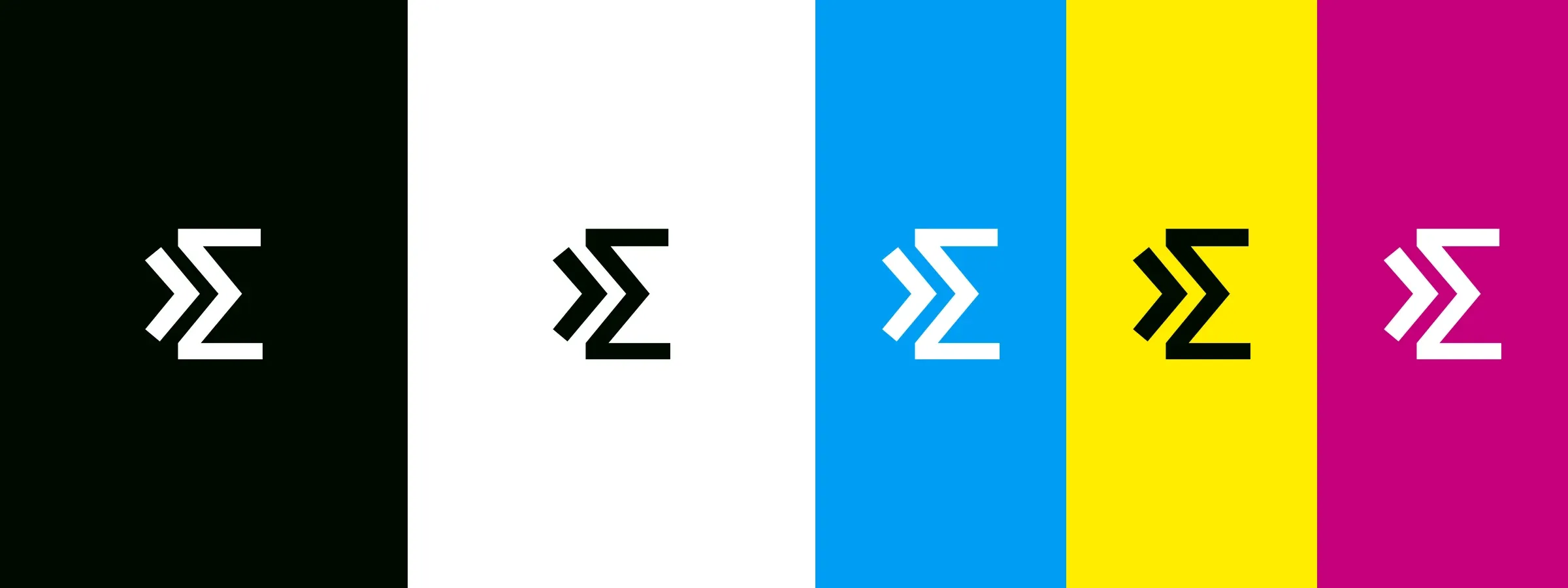 The colour palette as blocks, black, white, cyan, yellow and magenta, each with the sigma icon in black or white for contrast.