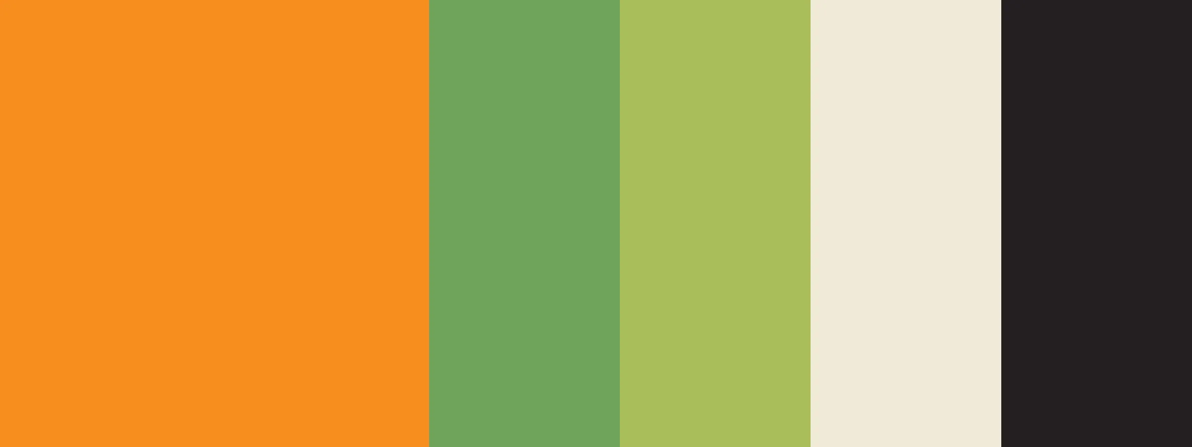 Colour palette as blocks, a wide orange block followed by green, light green, ivory and near-black.