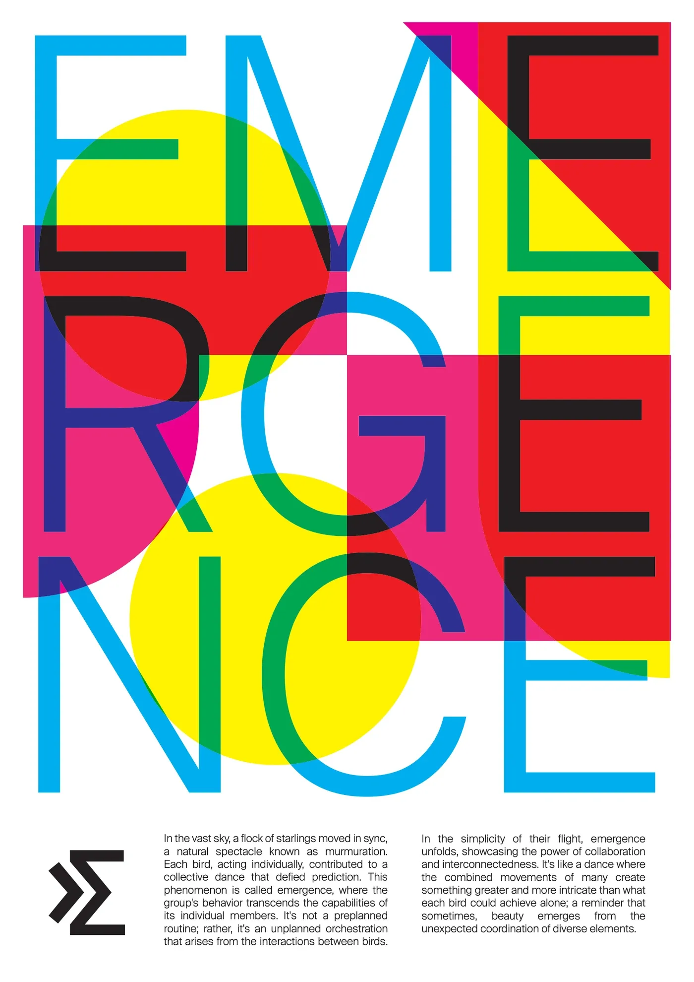 Poster with the word Emergence in large cyan letters over overlapping yellow, red and magenta shapes.