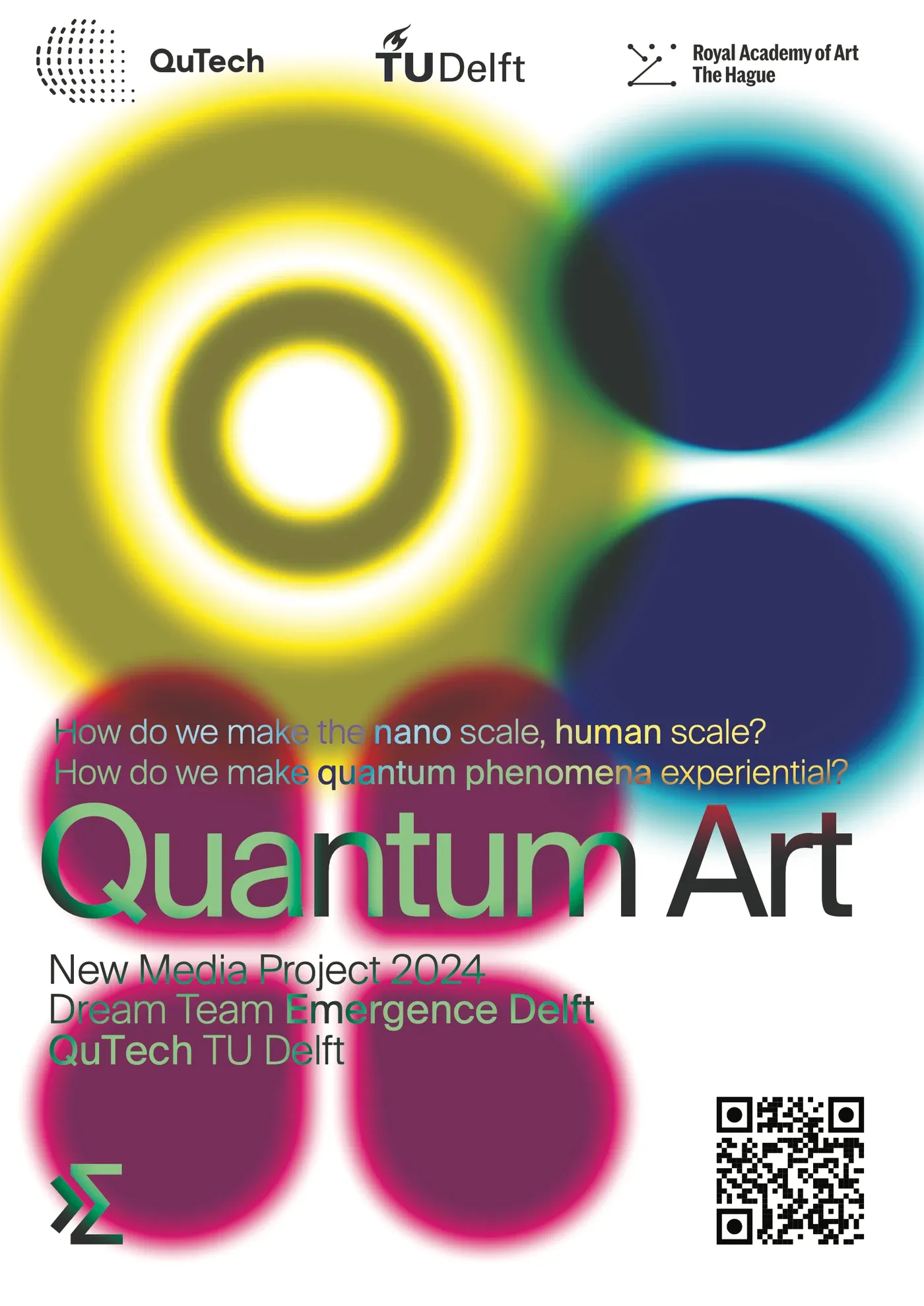 Poster for the Quantum Art new media project, with glowing yellow, purple and magenta circles.