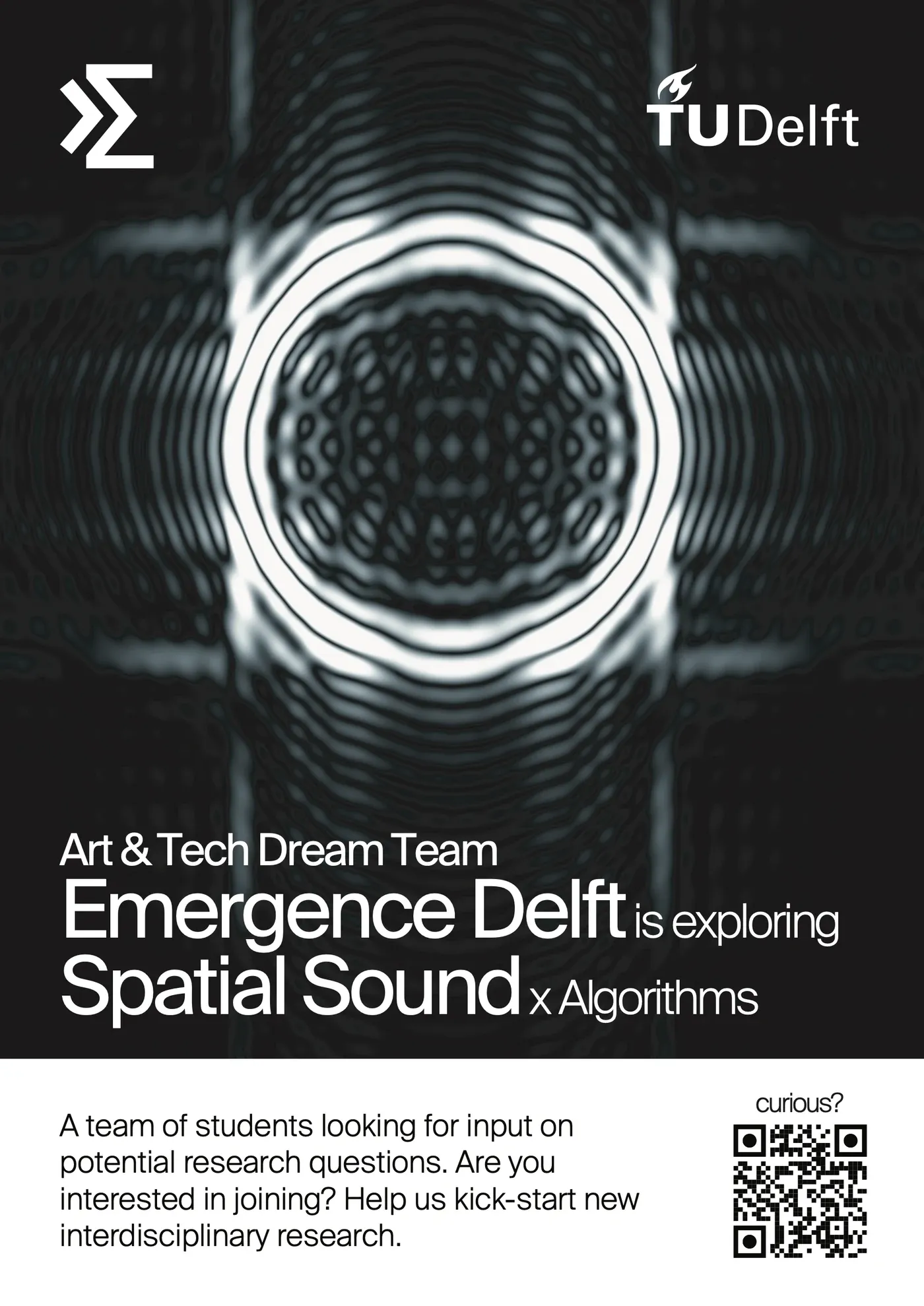 Poster for Emergence Delft exploring Spatial Sound x Algorithms, with a black and white sound wave pattern.