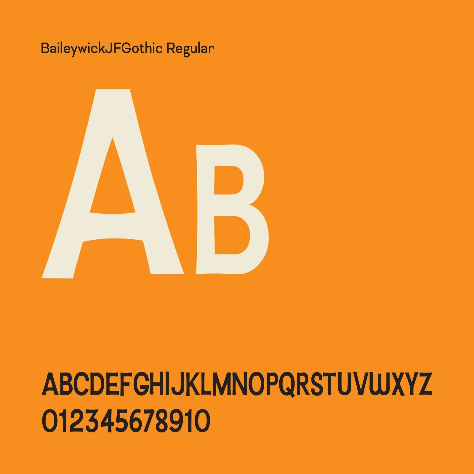 Type specimen of BaileywickJFGothic, a large A and B in ivory on orange with the alphabet and numbers below.