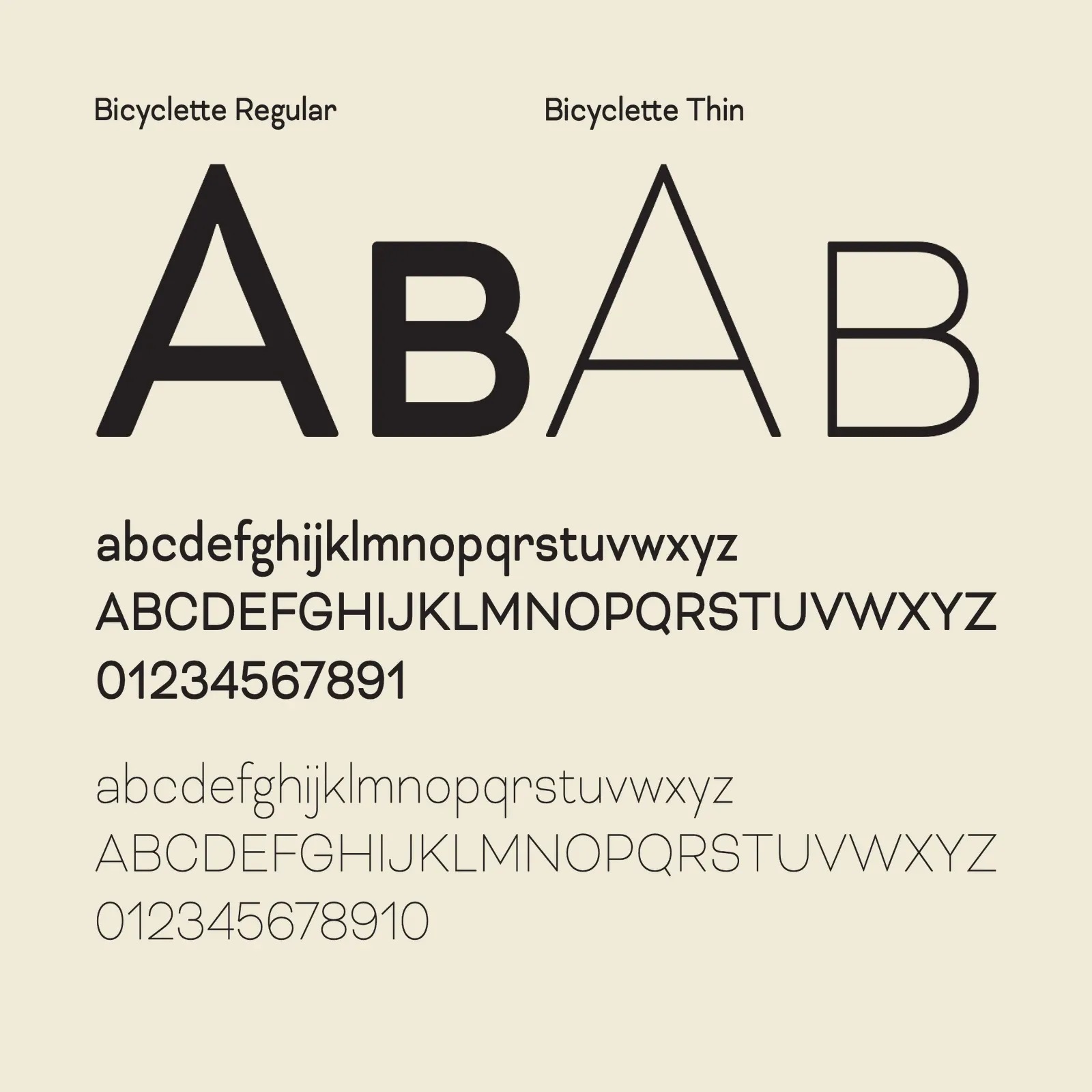 Type specimen of Bicyclette Regular and Thin, with large letters A and B and the alphabet in both weights.