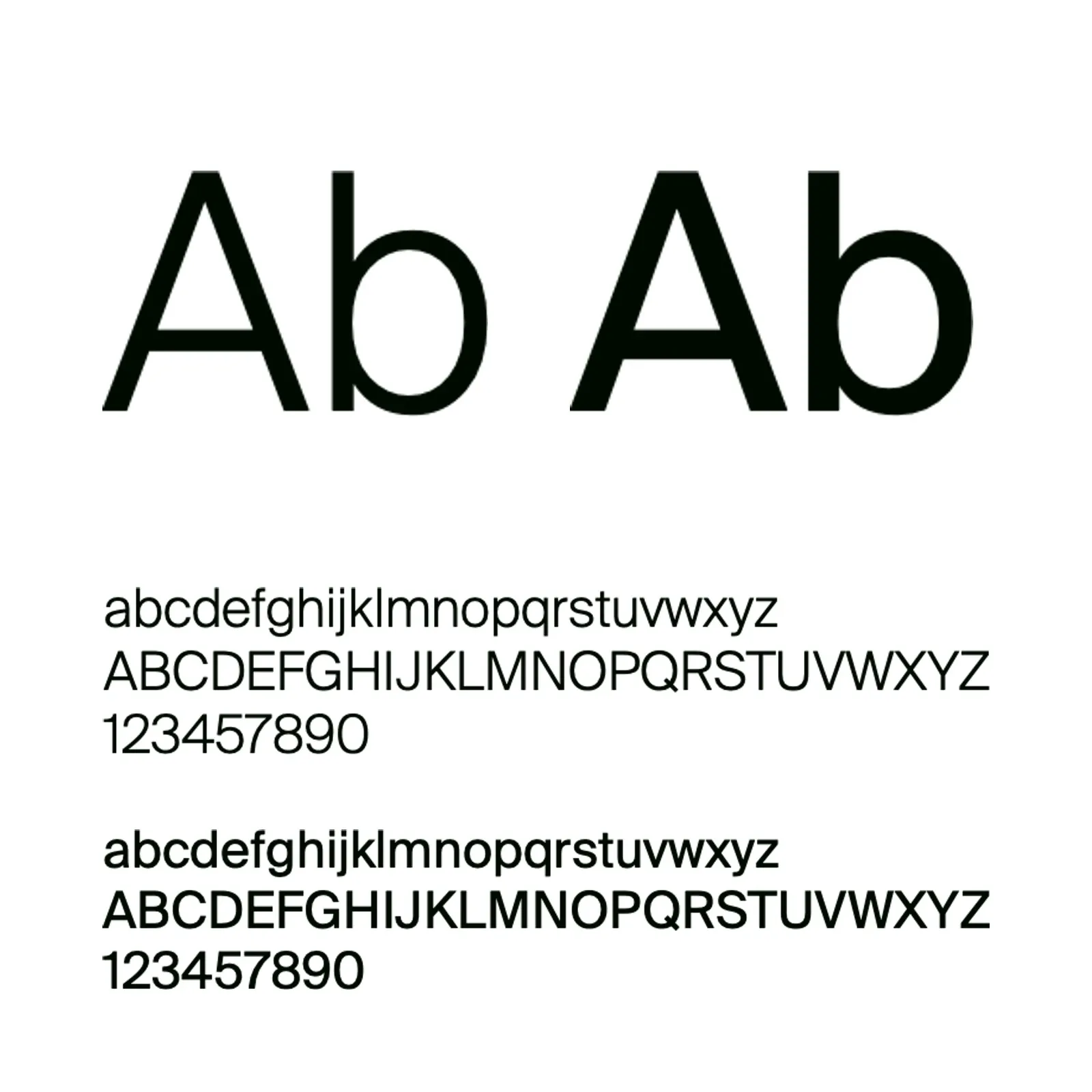 Type specimen of Suisse Int'l, a large Ab in Light and in Regular with the alphabet and numbers in both weights.