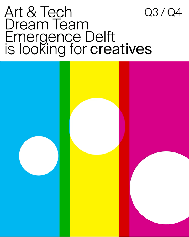 Animated recruitment post, the line "Emergence Delft is looking for" cycles through creatives, programmers and curators to you, while white circles move over cyan, yellow and magenta stripes.
